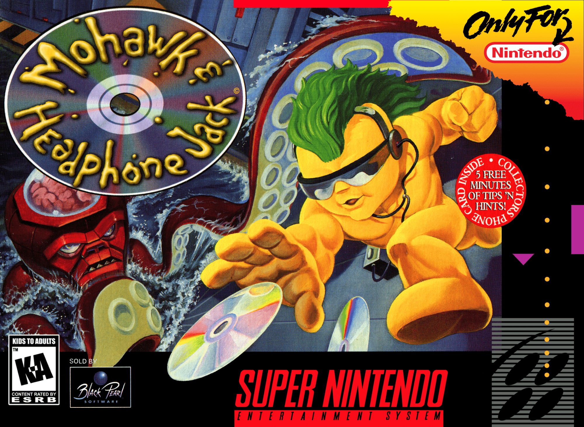 Mohawk and Headphone Jack box art for Super Nintendo